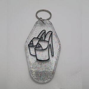 Motel Keychain Custom Retro Styled Clear Glitter Black Platform Heels Keyring